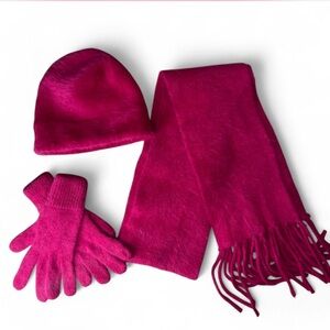 Hat Scarf Gloves Set Rabbit Hair & Wool Blend Hot Pink